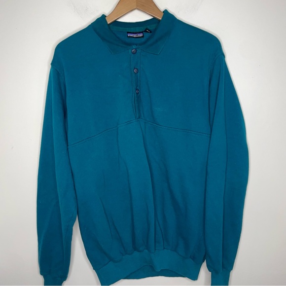 Vintage Patagonia Collared Polo Sweatshirt Teal Green 80s 90s Long Sleeve - Picture 7 of 9